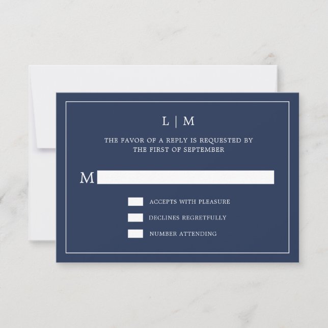 Simple Navy Blue Monogram Elegant Wedding RSVP Card (Front)