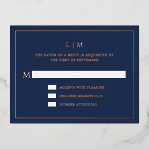 Simple Navy Blue Monogram Elegant Wedding RSVP Foil Invitation Postcard