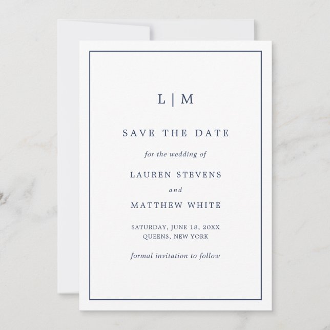 Simple Navy Blue Monogram Elegant Wedding Save The Date (Front)