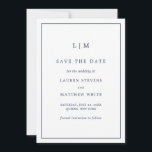 Simple Navy Blue Monogram Elegant Wedding Save The Date<br><div class="desc">Simple flat non photo wedding save the date card featuring an elegant and timeless design with your two letter monogram at the top and your details surrounded by a thin border. All text is in navy blue over a white background. The font colour may be changed to any colour you...</div>