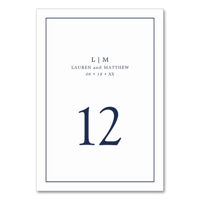 Simple Navy Blue Monogram Elegant Wedding Table Number (Front)