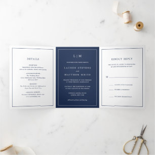 Simple Navy Blue Monogram Elegant Wedding Tri-Fold Invitation