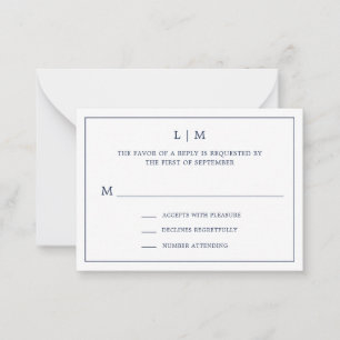 Simple Navy Blue Monogram Mini Wedding RSVP Card
