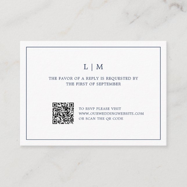 Simple Navy Blue Monogram QR Code Wedding RSVP  Card (Front)