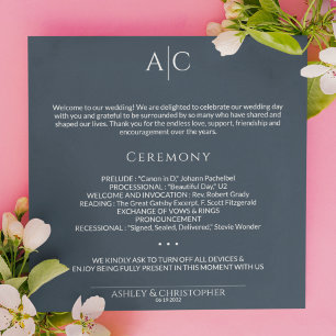 Simple Navy Blue Monogram Wedding Ceremony Program