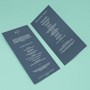 Simple Navy Blue Monogram Wedding Ceremony Program