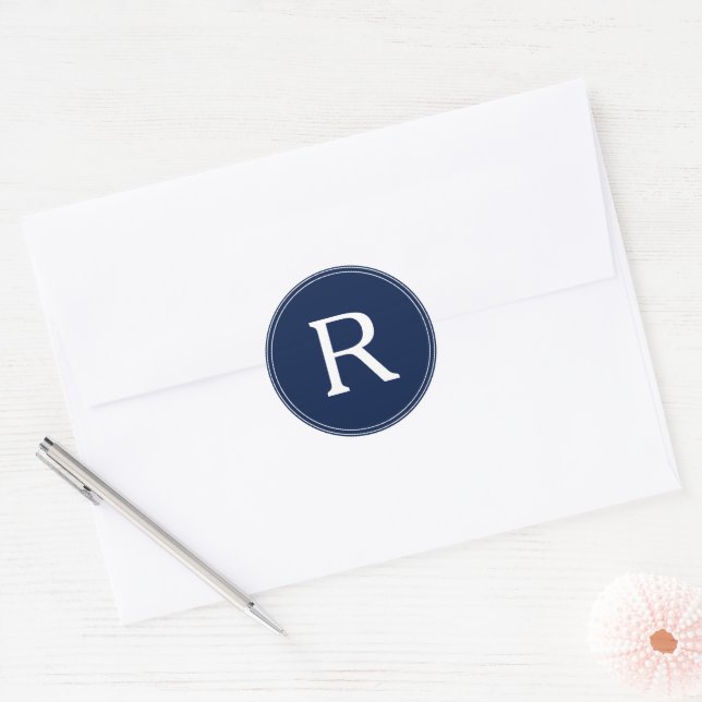 Simple Navy Blue Monogram Wedding Classic Round Sticker (Envelope)