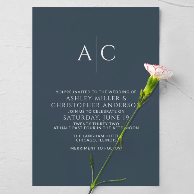 Simple Navy Blue Monogram Wedding Invitation (Creator Uploaded)