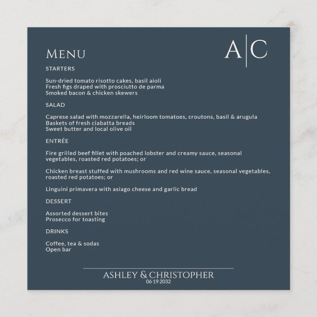 Simple Navy Blue Monogram Wedding Reception Menu (Front)