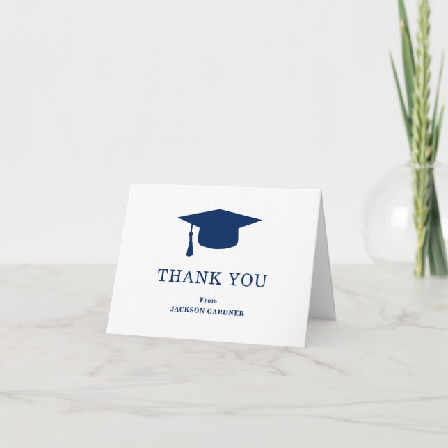 Simple Navy Blue Mortar Board Modern Graduation Thank You Card (Front)