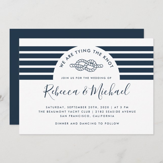 Simple Navy Blue Nautical Tying The Knot Wedding Invitation (Front/Back)