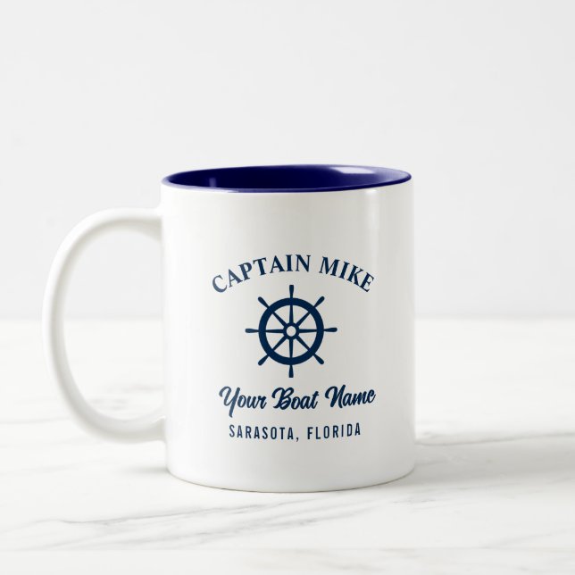 Simple Navy Blue Personalised Captain Boat Name Two-Tone Coffee Mug (Left)