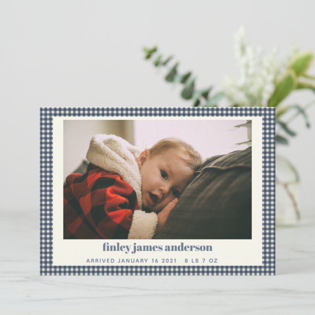 Simple Navy Blue Plaid Baby Photo Custom Birth Announcement (Standing Front)