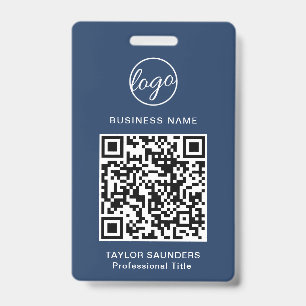 Simple Navy Blue QR Code Employee ID Badge