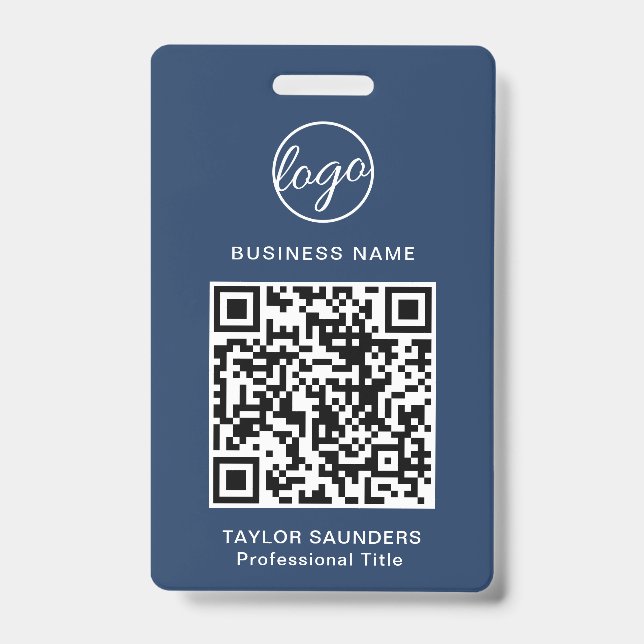 Simple Navy Blue QR Code Employee ID Badge (Front)