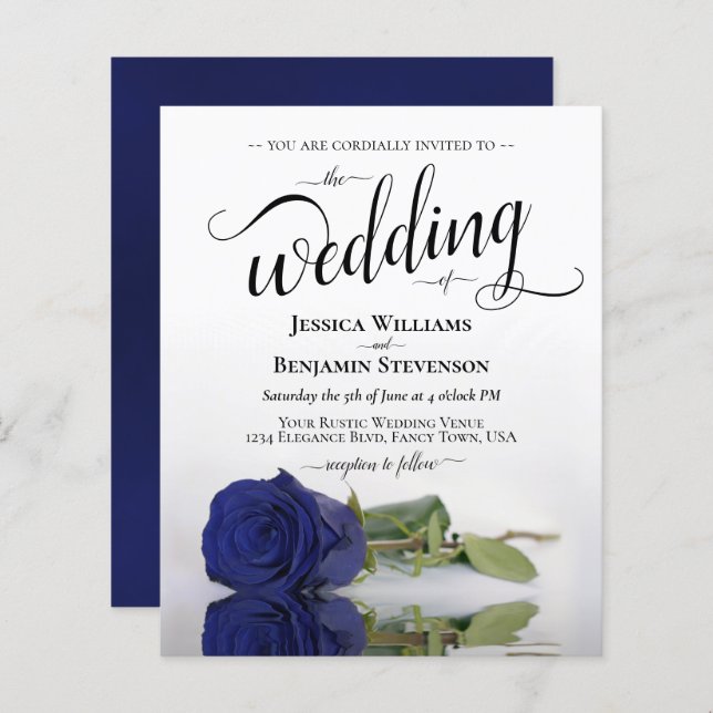 Simple Navy Blue Rose BUDGET Wedding Invitation (Front/Back)