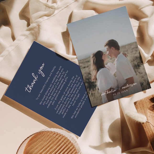Simple Navy Blue Script Photo Wedding Thank You Card (Creator Uploaded)