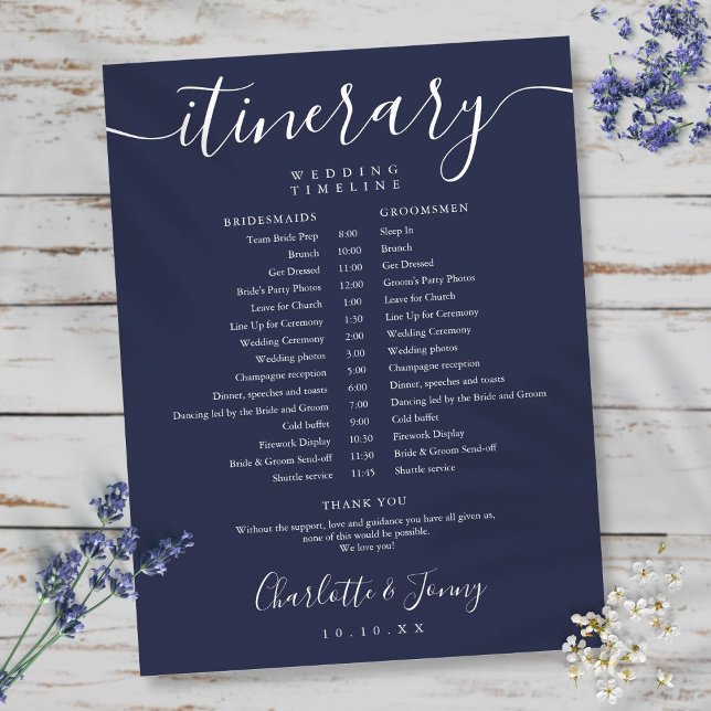 Simple Navy Blue Script Schedule Wedding Itinerary (Creator Uploaded)
