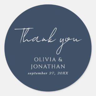 Simple Navy Blue Script Thank You Favour Wedding Classic Round Sticker