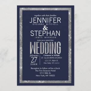 Simple Navy Blue Silver Glitter Sequin Wedding Invitation