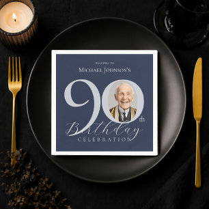 Simple Navy Blue Silver Photo 90th Birthday Napkin