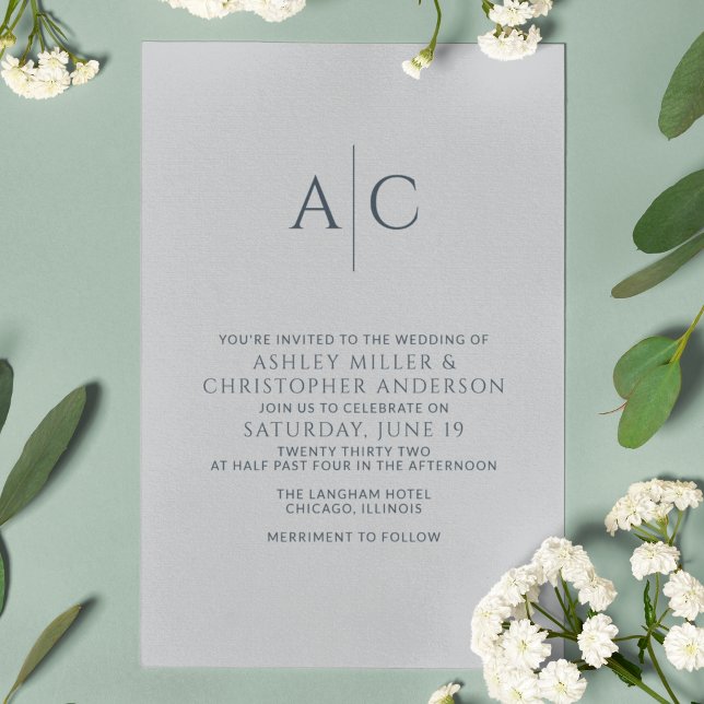 Simple Navy Blue & Steel Grey Monogram Wedding Invitation (Creator Uploaded)