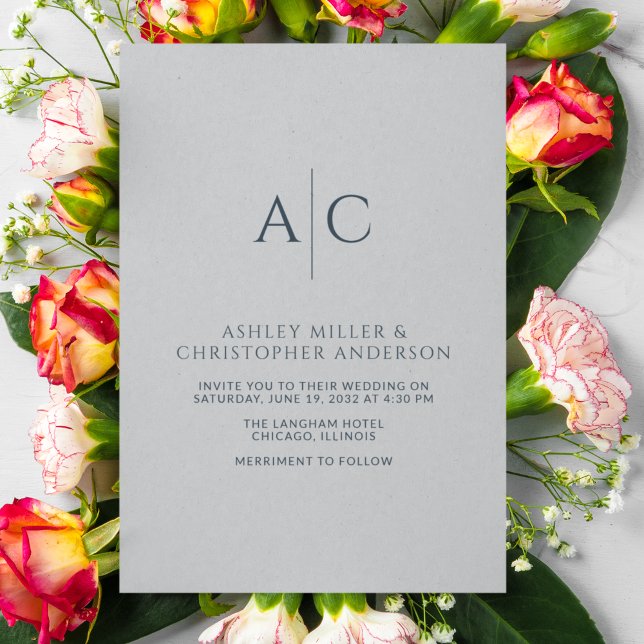 Simple Navy Blue & Steel Grey Monogram Wedding Invitation (Creator Uploaded)