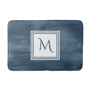 Simple Navy Blue Subtle Marble Modern Monogram Bath Mat
