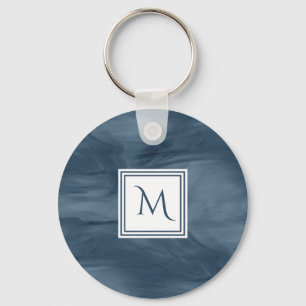 Simple Navy Blue Subtle Marble Modern Monogram Key Ring