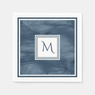 Simple Navy Blue Subtle Marble Modern Monogram Napkin