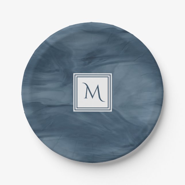 Simple Navy Blue Subtle Marble Modern Monogram Paper Plate (Front)