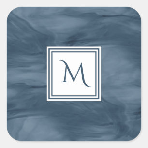 Simple Navy Blue Subtle Marble Modern Monogram Square Sticker
