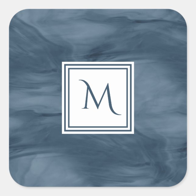 Simple Navy Blue Subtle Marble Modern Monogram Square Sticker (Front)