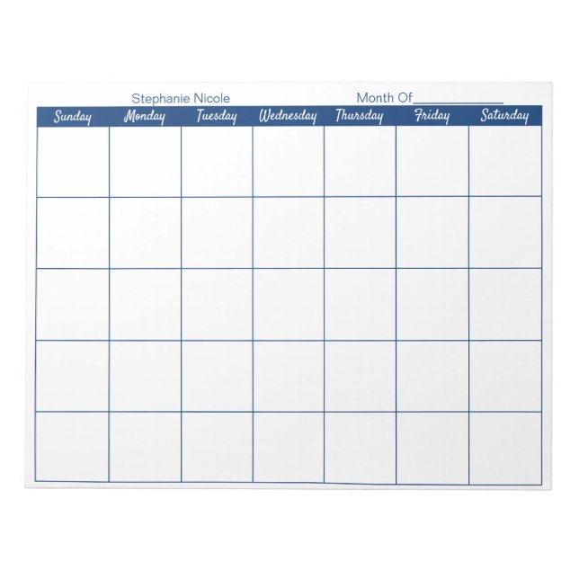 Simple Navy Blue Thin Border Name Monthly Planner Notepad (Front)