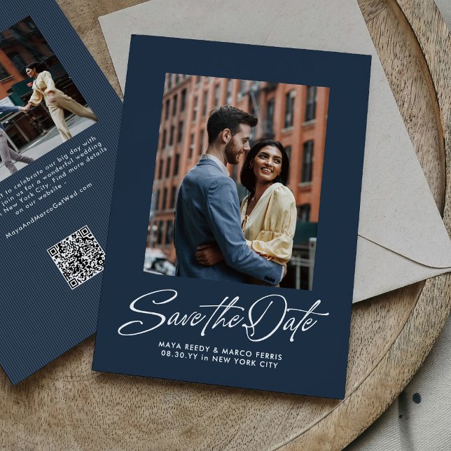 Simple navy blue trendy script two photo wedding save the date (Creator Uploaded)