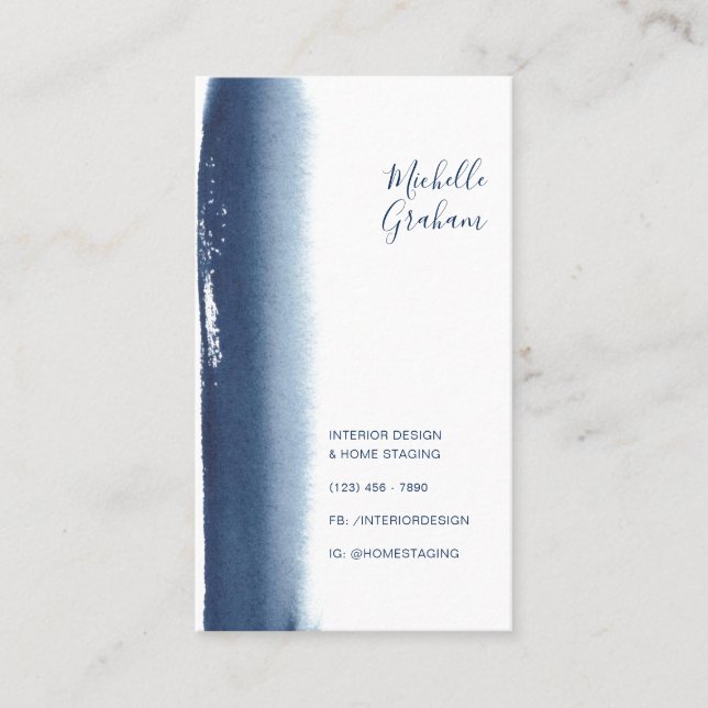 Simple Navy Blue Watercolor Modern Business Card (Front)