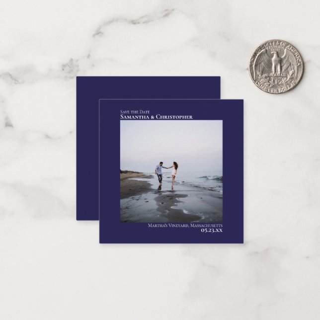 Simple Navy Blue Wedding Save the Date Photo Mini Card (Front/Back In Situ)