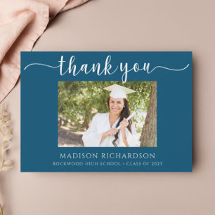 Simple Navy Blue & White Graduation Photo Thank You Card