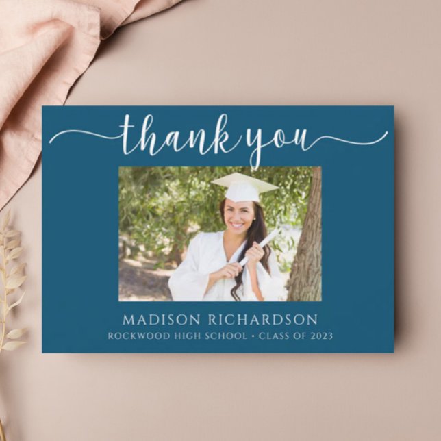 Simple Navy Blue & White Graduation Photo Thank You Card (Creator Uploaded)