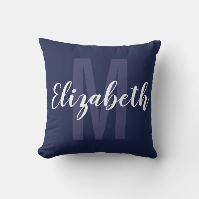 Simple Navy Blue White Hand Script Monogram Cushion (Front)
