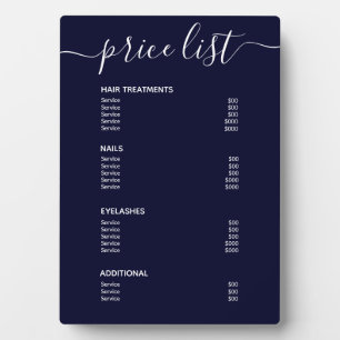 Simple Navy Blue White Salon Price List Service Plaque