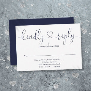 Simple Navy Blue White Script Heart Kindly Reply RSVP Card