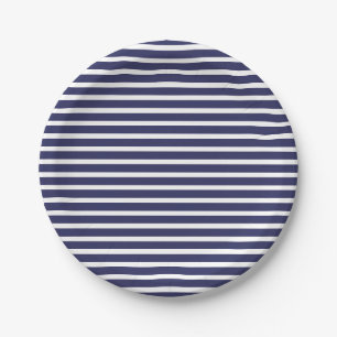 Simple Navy Blue White Stripes Pattern Paper Plate
