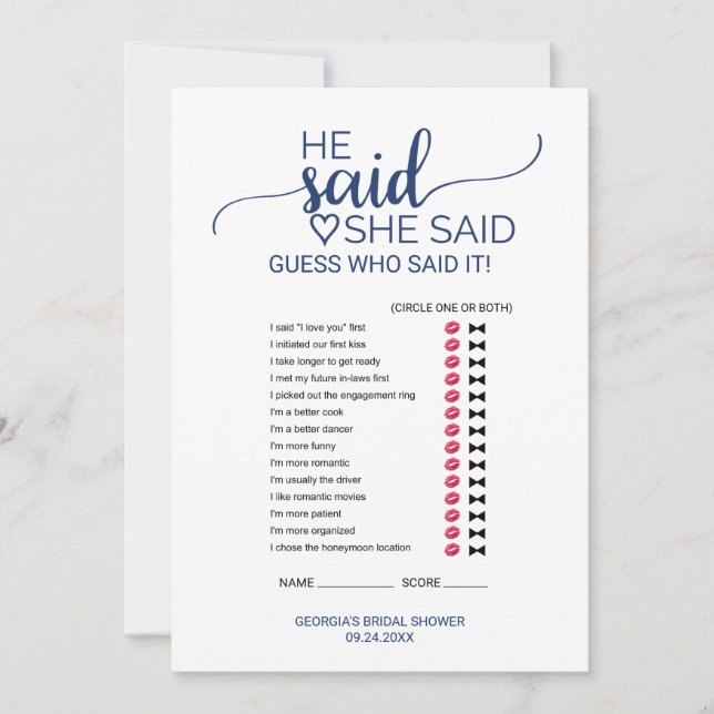 Simple Navy Calligraphy He Said She Said Game Card (Front)