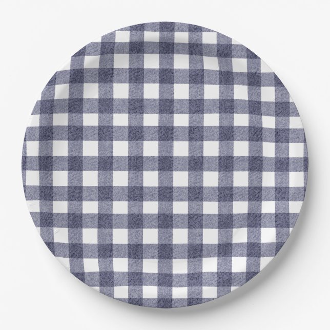 Simple navy gingham paper plates (Front)