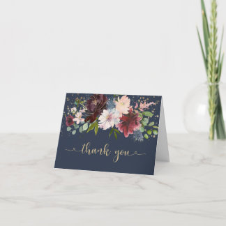 Simple Navy Gold Burgundy Floral Baby Thank You Card