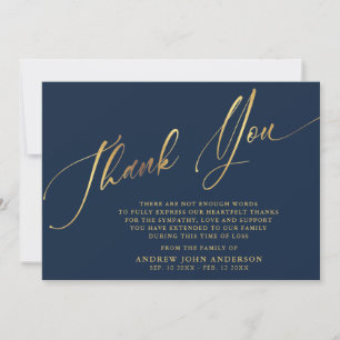Simple Navy & Gold Calligraphy Funeral Photo Thank You Card