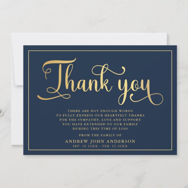 Simple Navy & Gold Calligraphy Funeral Thank You Card (Front)