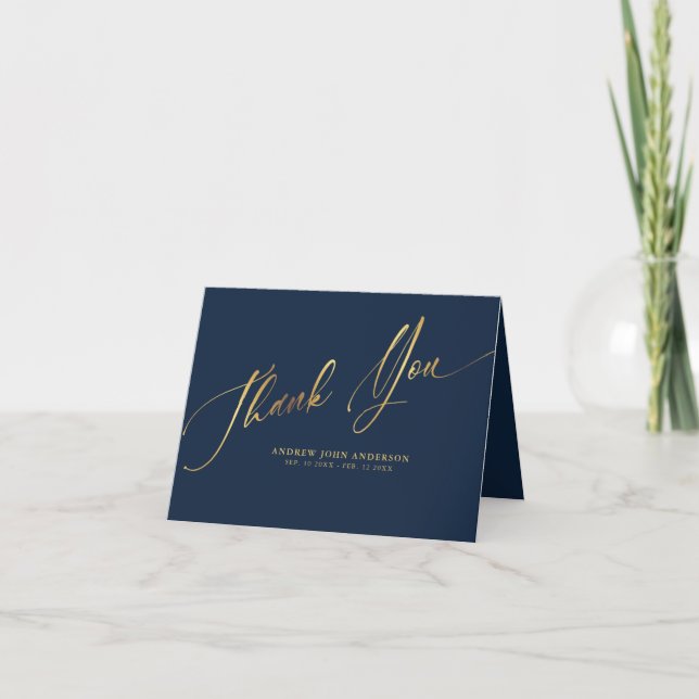 Simple Navy & Gold Calligraphy Funeral Thank You Card (Front)