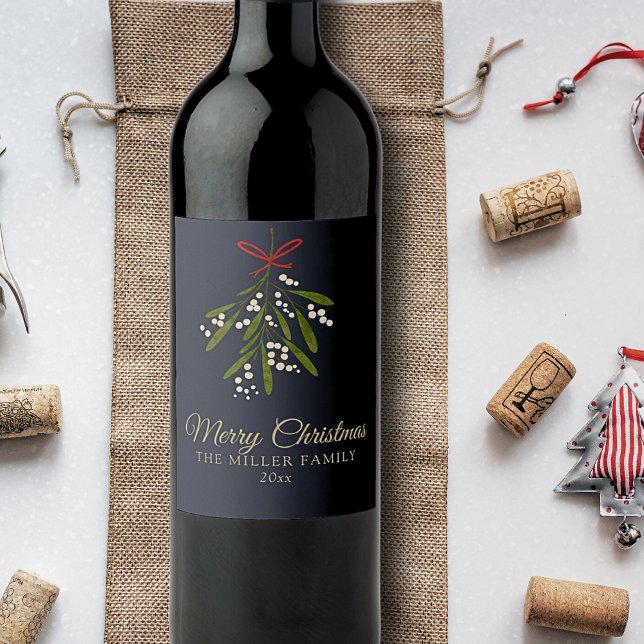 Simple navy mistletoe Christmas  Wine Label (Creator Uploaded)
